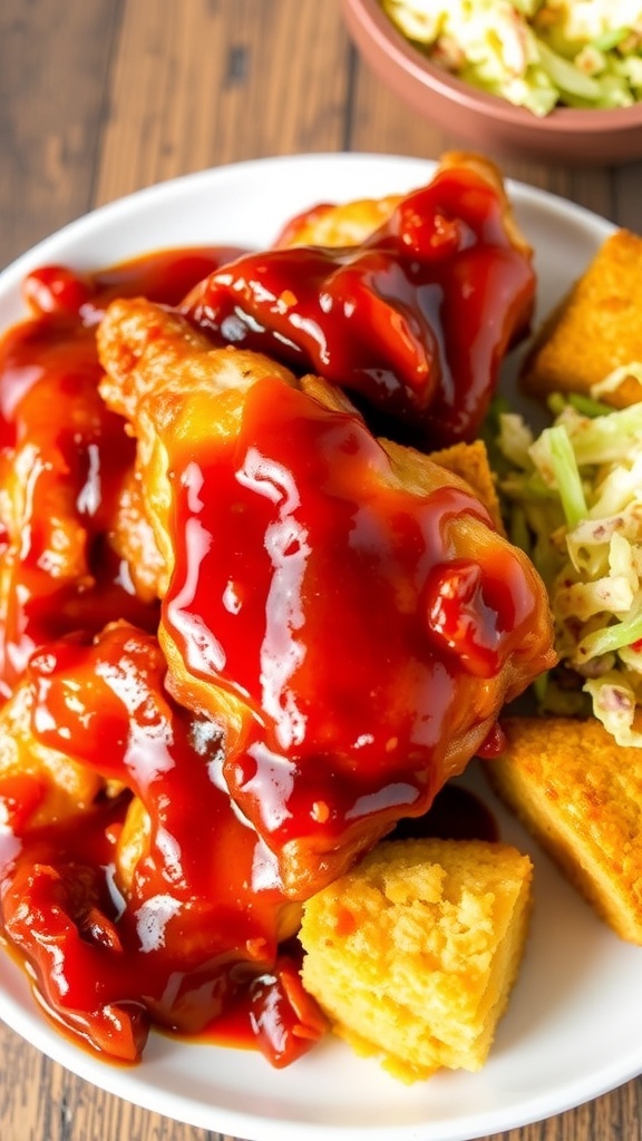 Crispy Oven-Baked BBQ Chicken with Two Ingredients Crispy BBQ chicken pieces on a plate with coleslaw and cornbread.